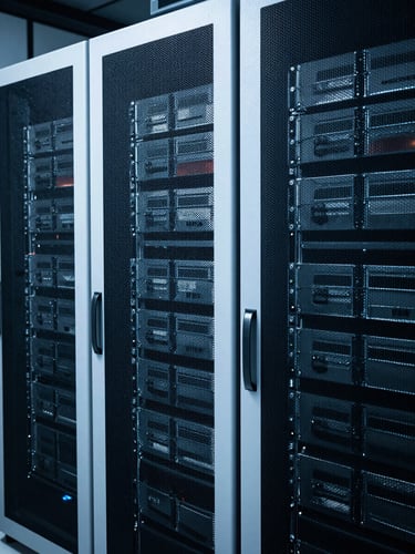 Structured architectural shot of a high-tech server environment, cool white and cyan low-key lighting, clean-room aesthetic, 35mm
