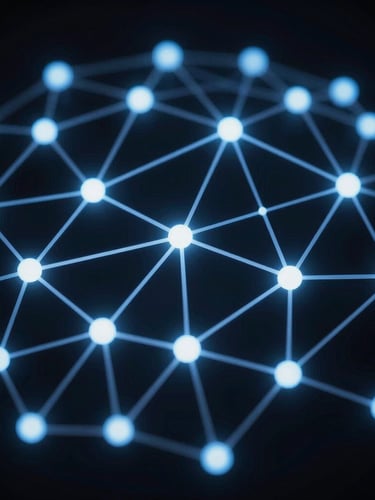 Abstract digital network visualization showing clean structured nodes, cool blue key lights on a dark background, high contrast, macro lens