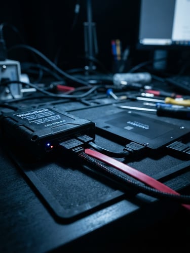 Macro close-up of a hardware write-blocker connected to a solid-state drive, cool blue key light, high-contrast dark laboratory background, sharp focus on cables, 35mm