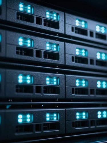 Close-up of a secure server rack with blinking cyan LED status lights, cool white key light, dramatic shadows, high-contrast dark tech environment, 35mm