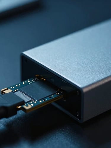 Macro close-up of a hardware write-blocker connected to an SSD in a dark forensics lab, cool blue key light, high contrast