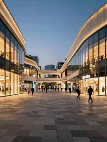 Wide-angle dusk view of a completed luxury commercial plaza, glass retail facades illuminated from within, geometric paving in the foreground catching golden light, plaza extending into depth with sparse elegant pedestrian activity