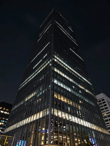 Architectural night photograph of a completed corporate glass tower, curtain-wall facade reflecting city lights, dramatic upward perspective emphasizing verticality and geometric precision, dark sky above
