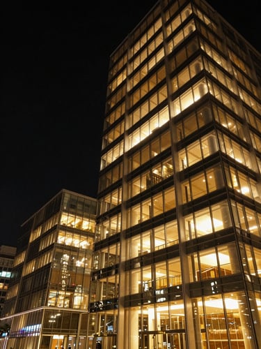 Wide shot of a monumental contemporary commercial building facade at night, glass curtain wall reflecting warm amber light, geometric grid of illuminated floors rising to the upper third of the frame, dark sky occupying the left half, building mass anchored to the right — cinematic architectural night photography, controlled accent lighting emphasizing vertical form and material precision