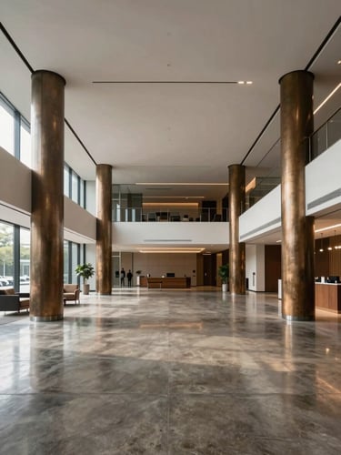 Wide interior photograph of a completed corporate lobby, double-height ceiling with bronze-clad columns, polished concrete floor reflecting ambient architectural lighting, sparse elegant furnishings emphasizing spatial volume