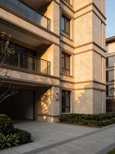 Golden hour exterior photograph of a completed premium residential building, warm travertine cladding and recessed balconies casting precise shadow lines, landscaped arrival court in the foreground