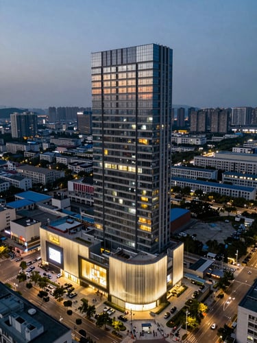 Aerial wide-angle photograph of a completed mixed-use development at dusk, illuminated commercial podium below and residential tower rising above, urban context visible in background showing district-scale presence