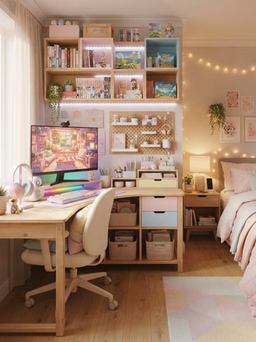 Styled teen bedroom with a pastel wood gaming desk, diffuse morning light, showing smart storage solutions and a cozy aesthetic. Furniture in soft pastel tones and natural timber.