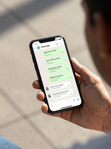 Over-the-shoulder view of a person holding a smartphone in Abidjan, displaying a clean WhatsApp chat window with instant local business recommendations, bright natural sunlight.
