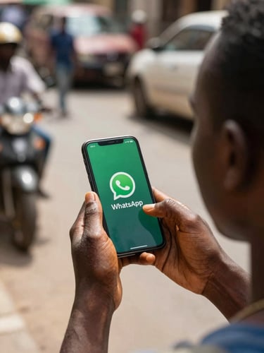 Over-the-shoulder view of a person using WhatsApp on a smartphone in a bustling Abidjan street, bright daylight, high contrast