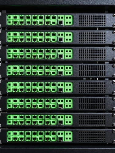 Direct orthographic schematic of server hardware rack, stark vector line work, phosphor green terminal glow on dark background.