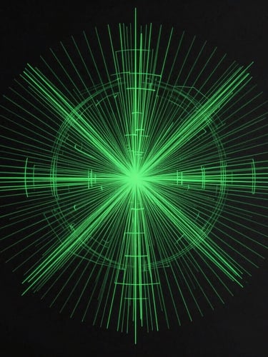Orthographic projection of a cryptographic verification trace, stark green vector lines on black background, terminal interface style