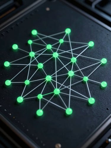 Stark orthographic schematic of a cryptographic verification network, phosphor green nodes connected by thin white lines on a deep charcoal terminal background.