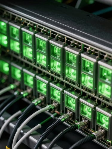 Macro view of a server cluster node array illuminated by stark terminal green light, highlighting raw hardware connections and high-contrast metal chassis.