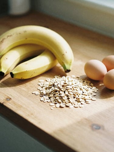 Detail shot of fresh bananas, oats, and organic eggs arranged on a rustic wooden kitchen counter, soft morning sun casting long shadows, warm lifestyle photography, 35mm film look