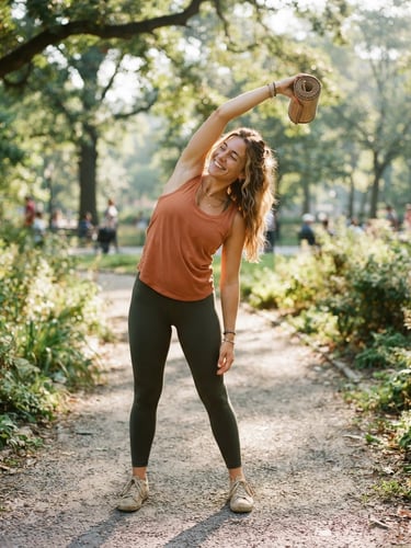 Candid lifestyle portrait of a smiling woman stretching outdoors in a sunlit public park, soft morning light, warm organic tones, 35mm film look