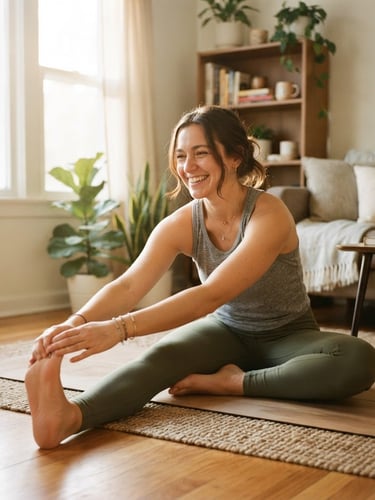 Candid medium shot of a smiling woman in comfortable cotton activewear stretching on her living room floor, soft morning sunlight streaming through a window, warm organic tones, 35mm film look