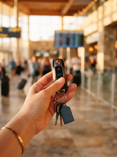 Close-up of hand holding modern car keys with a warm, sun-drenched Mediterranean airport terminal softly blurred in the background, golden hour light, 35mm photography