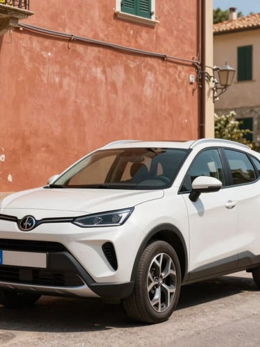 Modern compact SUV parked next to a warm terracotta wall in a sun-drenched Italian coastal village, bright Mediterranean sunlight, 35mm.