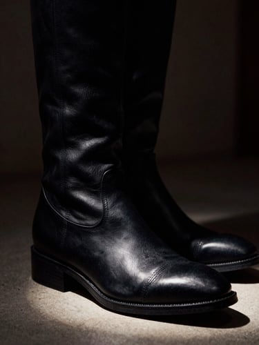 Low-angle dramatic editorial fashion photography of a sharp black leather boot silhouette, high-contrast chiaroscuro lighting, deep shadows, 35mm film
