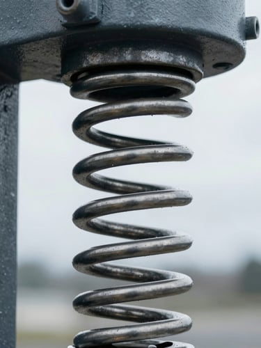 Extreme close-up of a heavy-duty industrial garage door spring under tension, crisp metallic texture, cool overcast daylight