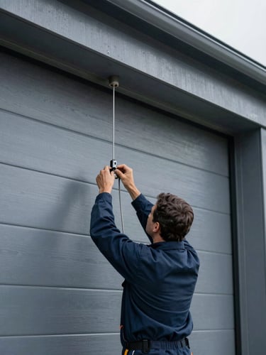 A technician adjusting tension cables on a modern steel garage door, overcast daylight, cool slate and steel tones, shallow depth of field