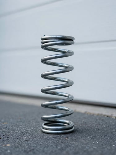 Close-up on heavy-duty steel garage door springs under natural overcast daylight, cool slate and steel tones, shallow depth of field