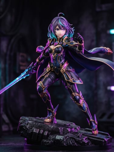 Close-up premium anime figure with sharp focus, dramatic neon purple and cyan studio lighting, dark textured background, 85mm lens