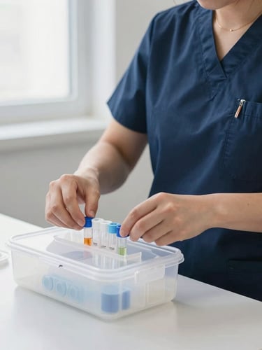 A certified phlebotomist in professional navy scrubs carefully organizing a sterile specimen collection kit on a clean surface, bright natural indoor light, shallow depth of field.