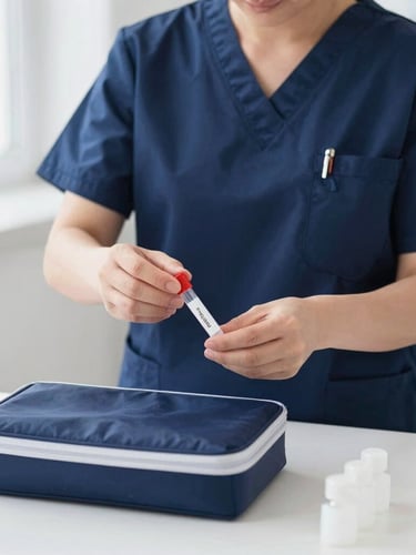 A certified phlebotomist in clean navy scrubs organizing sterile specimen collection tubes and a medical kit on a bright, clean table, natural indoor light, shallow depth of field.