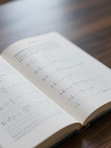 Close-up of an open academic textbook on a dark wooden desk, soft library light, focus on mathematical equations, 35mm