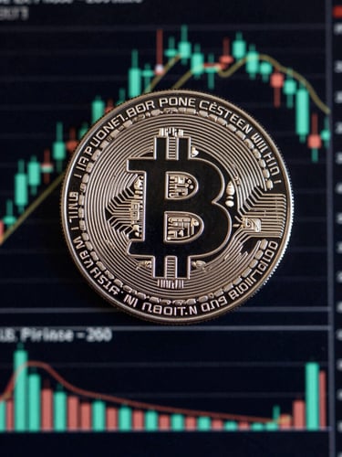 Direct front-facing orthographic view of a dark terminal cryptocurrency candlestick chart with clean green mathematical moving average overlays, no perspective distortion.