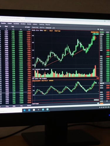 Orthographic front-facing view of a dark terminal screen displaying real-time cryptographic order book data tables and crisp green candlestick charts.