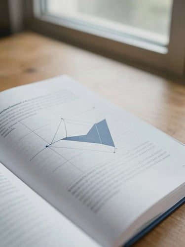 A close-up of an open academic textbook showing a clean geometric diagram on a wooden desk, soft natural library light filtering through a window, 35mm