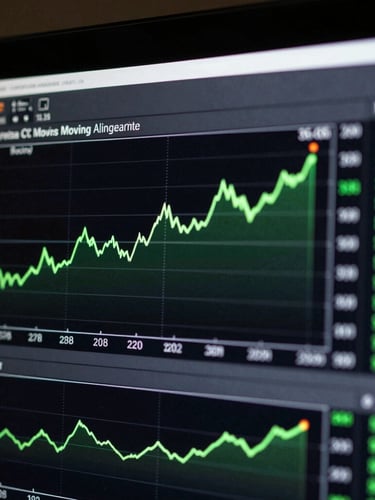 Macro crop of a dark terminal screen showing an auditable data table of quantitative moving averages, with simulated screen emission and surgical green accents.