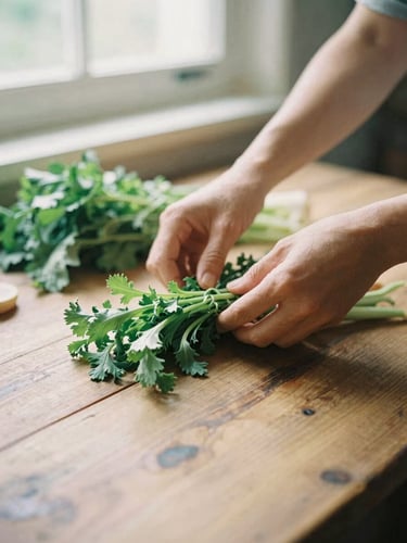 Warm natural light on hands arranging fresh vegetables on a rustic wooden table, soft window shadows, 35mm film.