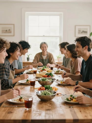 A warm community workshop setting with a diverse group of people laughing and cooking together around a large wooden table, soft daylight.