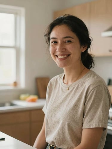 Warm editorial photography of a community nutrition educator smiling in a bright kitchen, soft natural window light, earthy tones, shallow depth of field, 35mm film.