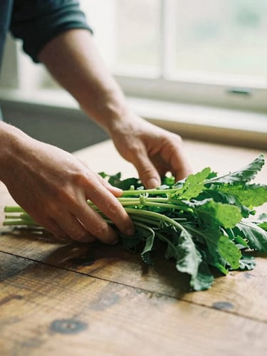 Hands preparing fresh, affordable vegetables on a rustic wooden table, natural window light, warm earthy tones, 35mm film.