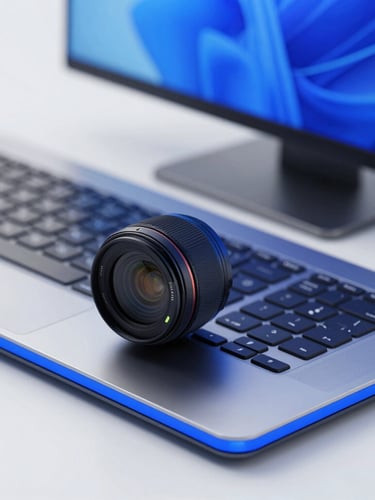 Sharp macro detail of a high-end modern workstation with a clean digital dashboard, cool high-key studio lighting, electric blue accents, 50mm lens