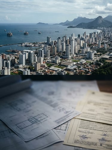 Wide panoramic shot of a modern city skyline in Macaé, Rio de Janeiro, with a blurred foreground showing a detailed blueprint overlaid with legal documents, high-contrast cool daylight, deep navy and graphite tones, sharp focus, 35mm lens.