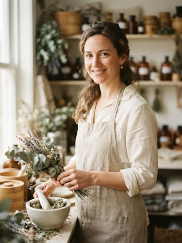 Warm editorial photography, a serene female practitioner in a linen apron smiling softly, soft diffused natural light, muted eucalyptus tones, shallow depth of field, 35mm, portrait framing