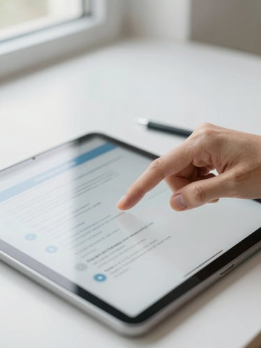 Close-up of a hand highlighting text on a digital tablet displaying an academic curriculum, bright natural daylight, clean minimalist workspace, soft blue and neutral tones, shallow depth of field.