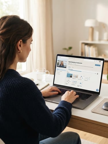 Professional adult focused on an online course on a laptop in a bright, modern home office, natural daylight, over-the-shoulder perspective, clean educational dashboard on screen, soft blue and neutral tones, shallow depth of field.