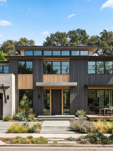 Straight-on architectural elevation of a modern custom home framing under bright natural daylight, clean geometric composition, rich saturated tones.