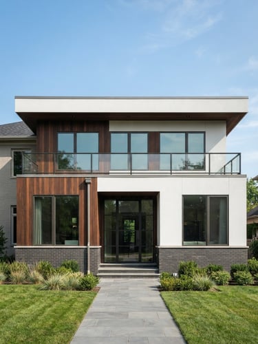 Straight-on architectural elevation of a modern residential home addition with clean geometric lines, bright natural daylight, rich saturated tones, 35mm lens.