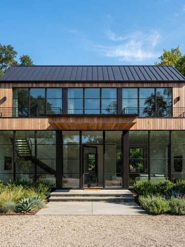 Crisp architectural photography of a modern home exterior, straight-on elevation, showcasing dark metal roofing and large minimalist window frames under bright daylight.