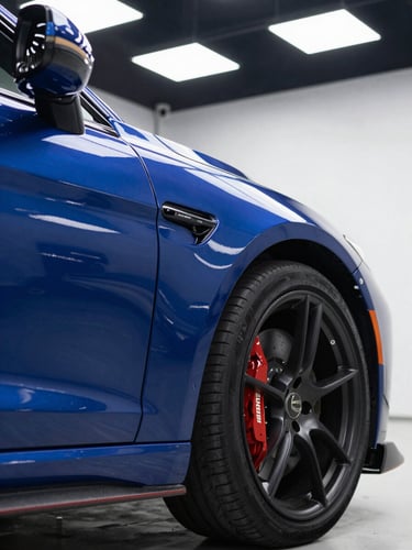 Low-angle heroic close-up of a flawless sports car fender, bright overhead studio lights reflecting off deep blue metallic paint with absolute clarity, sharp commercial automotive photography, 50mm