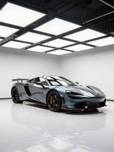 Clean, bright, modern car detailing garage setup in Midvale Utah, high-contrast overhead LED lighting grid, immaculate white floors, a high-end sports car parked inside, 50mm