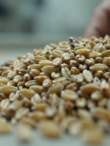 Macro close-up of high-grade golden wheat grains piled high, inspected by hand in clean industrial setting, sharp focus, desaturated olive tones.